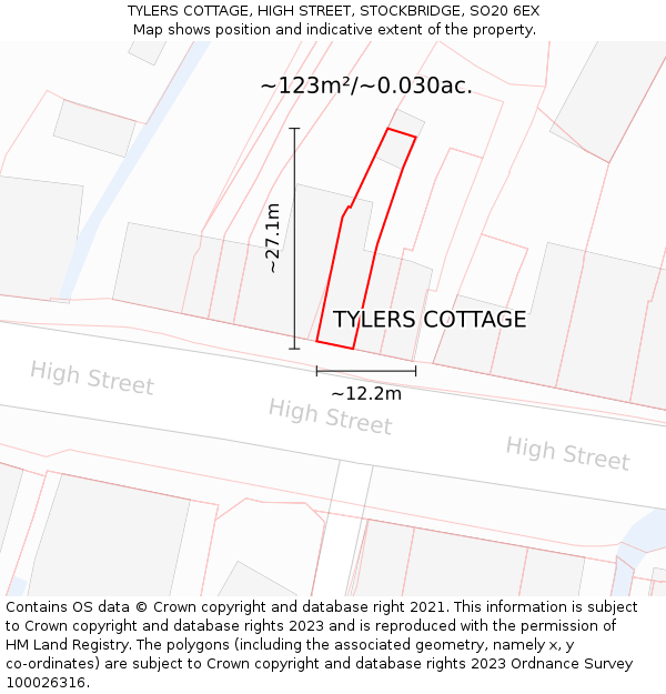 TYLERS COTTAGE, HIGH STREET, STOCKBRIDGE, SO20 6EX: Plot and title map