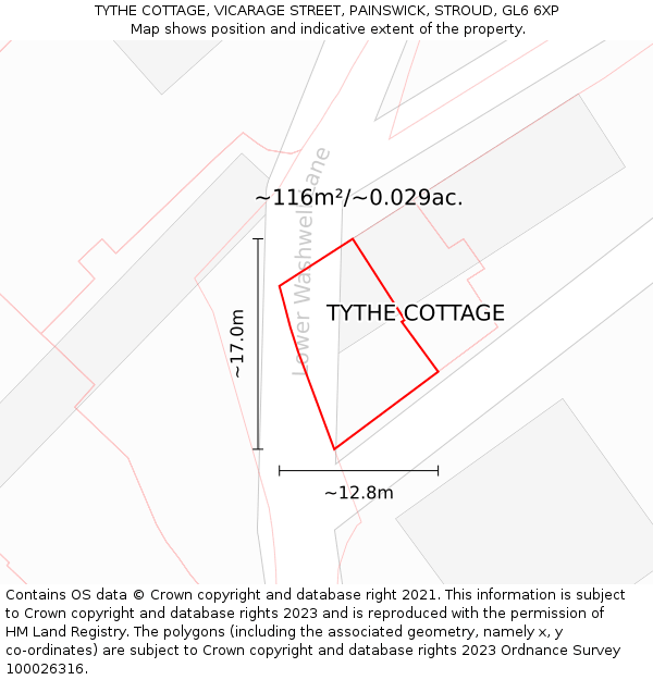 TYTHE COTTAGE, VICARAGE STREET, PAINSWICK, STROUD, GL6 6XP: Plot and title map
