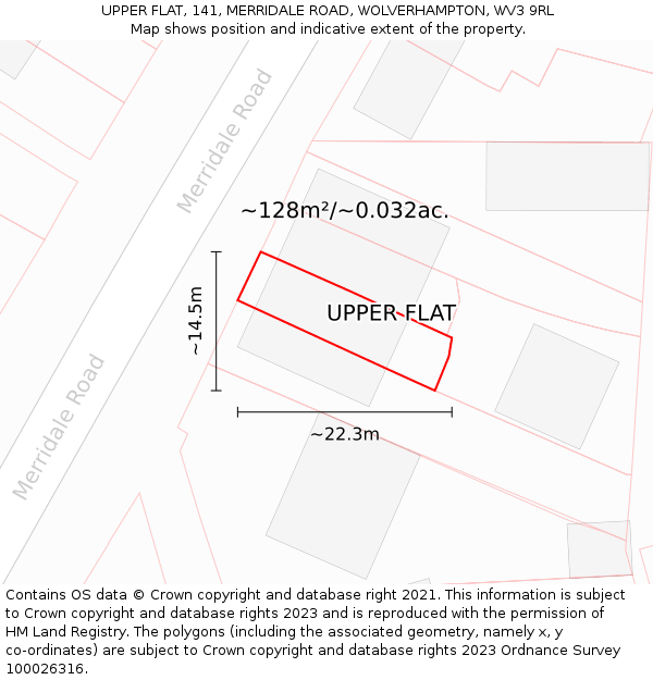 UPPER FLAT, 141, MERRIDALE ROAD, WOLVERHAMPTON, WV3 9RL: Plot and title map