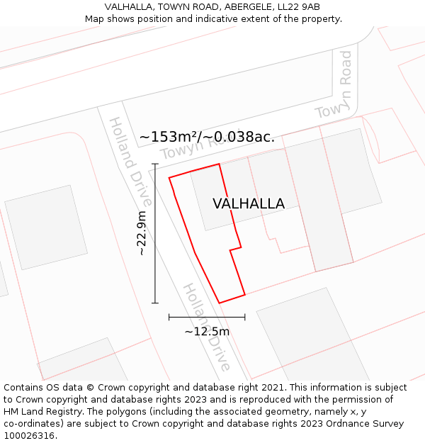 VALHALLA, TOWYN ROAD, ABERGELE, LL22 9AB: Plot and title map