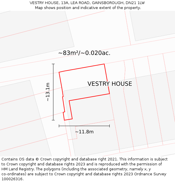 VESTRY HOUSE, 13A, LEA ROAD, GAINSBOROUGH, DN21 1LW: Plot and title map