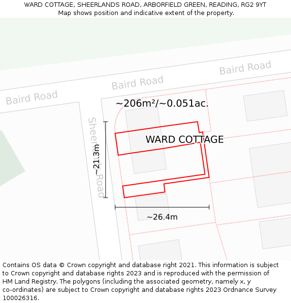WARD COTTAGE, SHEERLANDS ROAD, ARBORFIELD GREEN, READING, RG2 9YT: Plot and title map