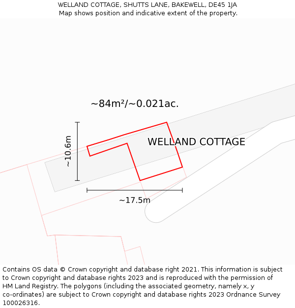 WELLAND COTTAGE, SHUTTS LANE, BAKEWELL, DE45 1JA: Plot and title map