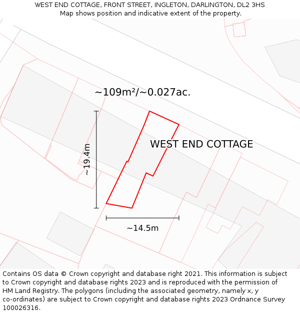 WEST END COTTAGE, FRONT STREET, INGLETON, DARLINGTON, DL2 3HS: Plot and title map