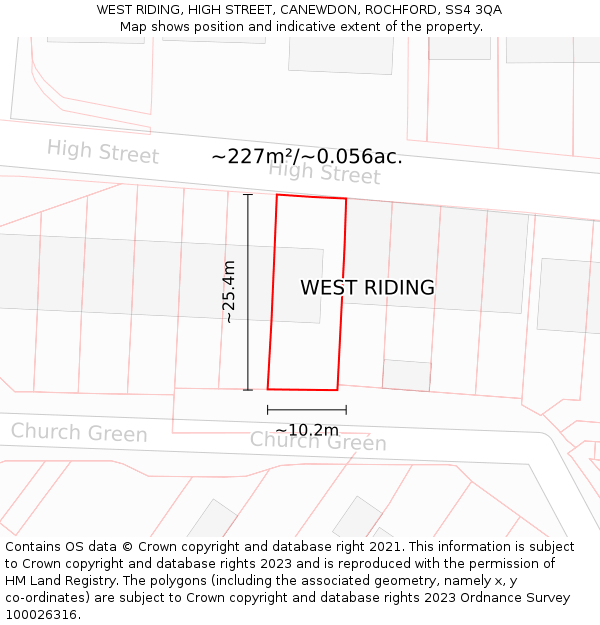 WEST RIDING, HIGH STREET, CANEWDON, ROCHFORD, SS4 3QA: Plot and title map