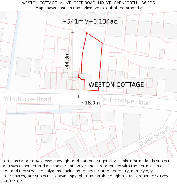 WESTON COTTAGE, MILNTHORPE ROAD, HOLME, CARNFORTH, LA6 1PS: Plot and title map