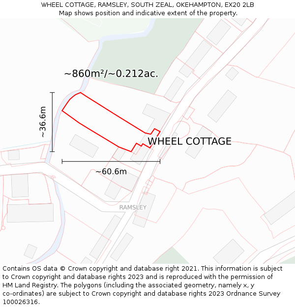 WHEEL COTTAGE, RAMSLEY, SOUTH ZEAL, OKEHAMPTON, EX20 2LB: Plot and title map