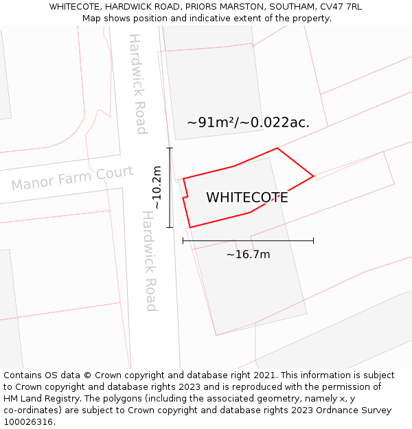WHITECOTE, HARDWICK ROAD, PRIORS MARSTON, SOUTHAM, CV47 7RL: Plot and title map