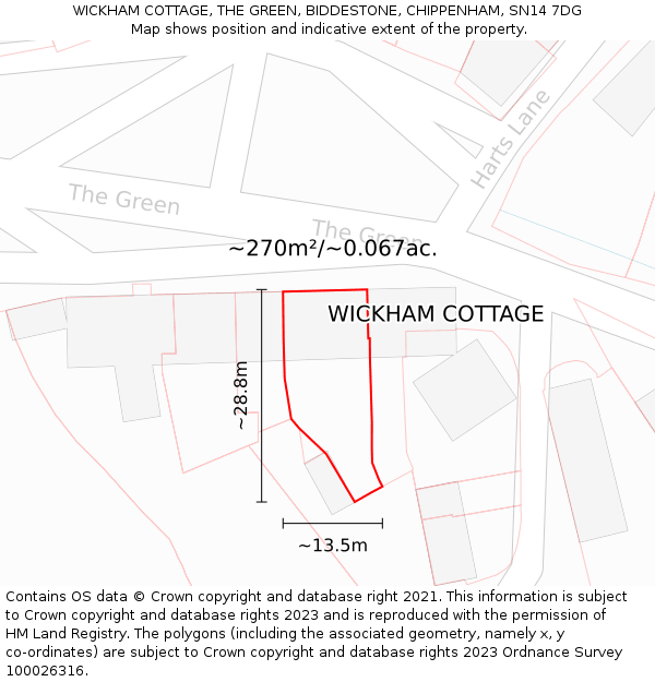 WICKHAM COTTAGE, THE GREEN, BIDDESTONE, CHIPPENHAM, SN14 7DG: Plot and title map
