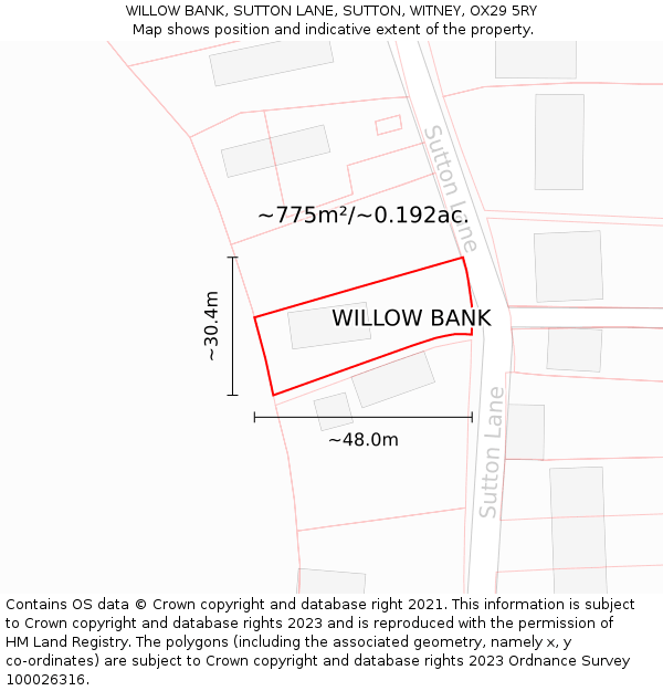 WILLOW BANK, SUTTON LANE, SUTTON, WITNEY, OX29 5RY: Plot and title map