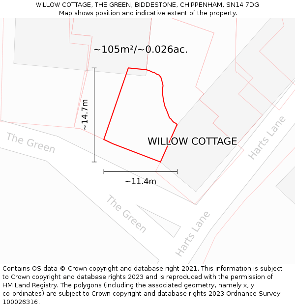 WILLOW COTTAGE, THE GREEN, BIDDESTONE, CHIPPENHAM, SN14 7DG: Plot and title map