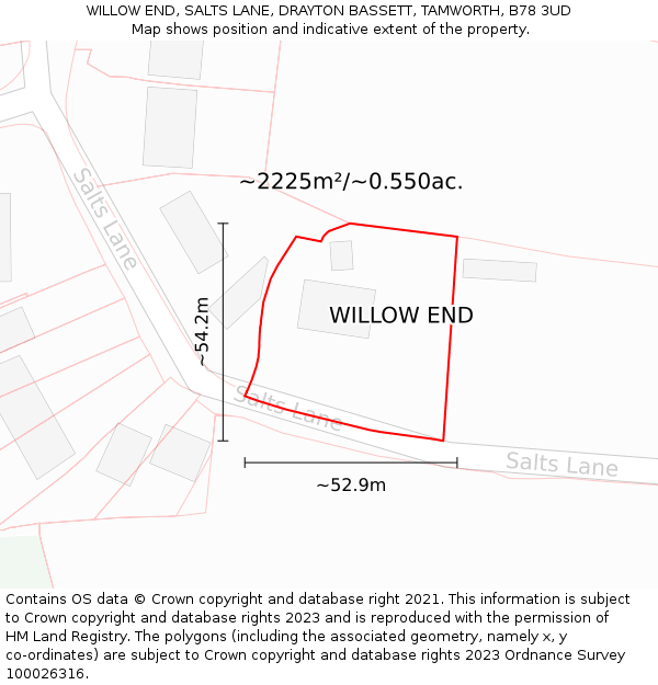 WILLOW END, SALTS LANE, DRAYTON BASSETT, TAMWORTH, B78 3UD: Plot and title map