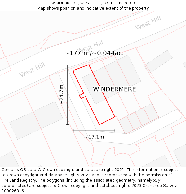 WINDERMERE, WEST HILL, OXTED, RH8 9JD: Plot and title map
