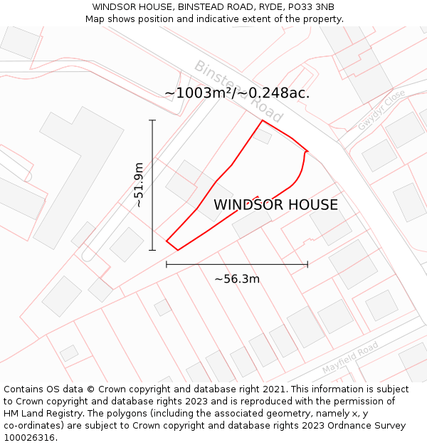 WINDSOR HOUSE, BINSTEAD ROAD, RYDE, PO33 3NB: Plot and title map