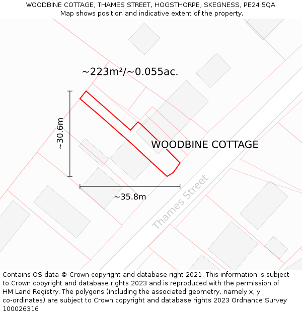 WOODBINE COTTAGE, THAMES STREET, HOGSTHORPE, SKEGNESS, PE24 5QA: Plot and title map