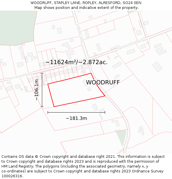 WOODRUFF, STAPLEY LANE, ROPLEY, ALRESFORD, SO24 0EN: Plot and title map