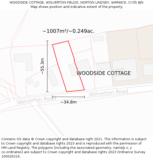 WOODSIDE COTTAGE, WOLVERTON FIELDS, NORTON LINDSEY, WARWICK, CV35 8JN: Plot and title map