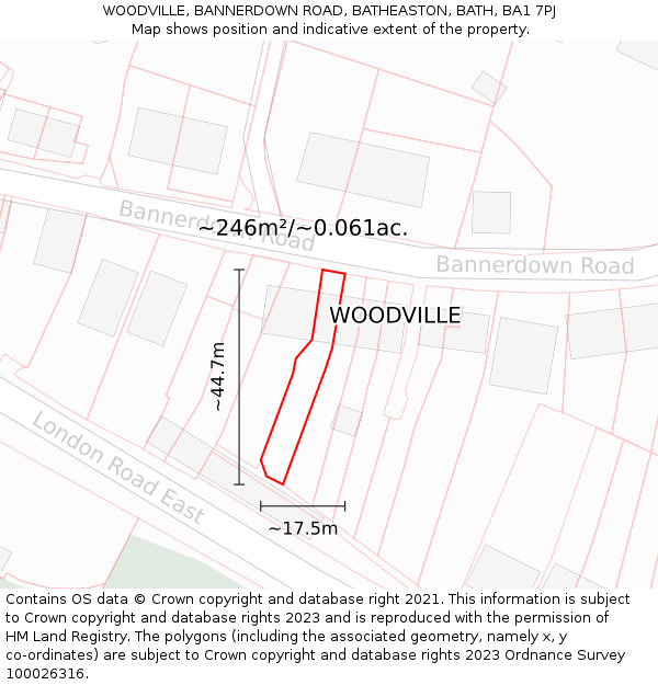 WOODVILLE, BANNERDOWN ROAD, BATHEASTON, BATH, BA1 7PJ: Plot and title map