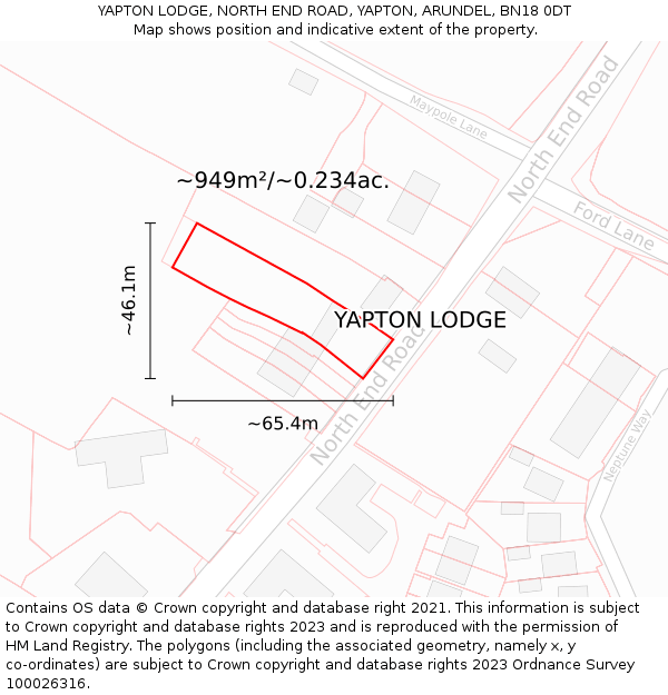 YAPTON LODGE, NORTH END ROAD, YAPTON, ARUNDEL, BN18 0DT: Plot and title map