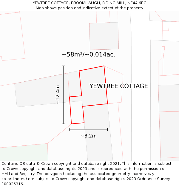 YEWTREE COTTAGE, BROOMHAUGH, RIDING MILL, NE44 6EG: Plot and title map