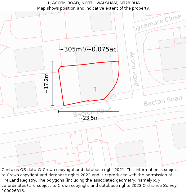 1, ACORN ROAD, NORTH WALSHAM, NR28 0UA: Plot and title map