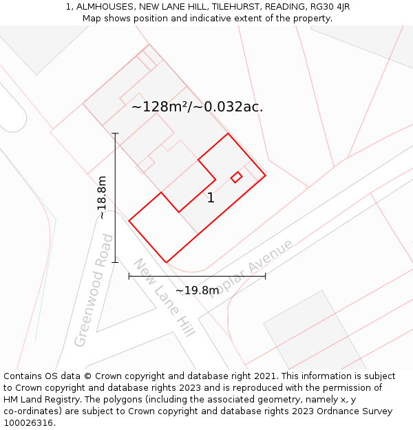 1, ALMHOUSES, NEW LANE HILL, TILEHURST, READING, RG30 4JR: Plot and title map