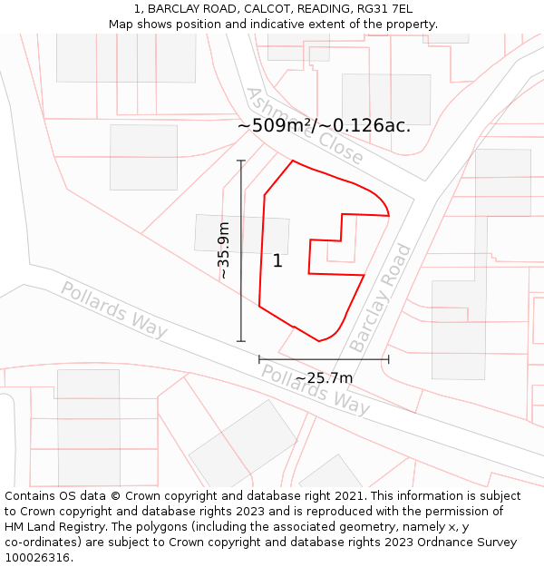 1, BARCLAY ROAD, CALCOT, READING, RG31 7EL: Plot and title map
