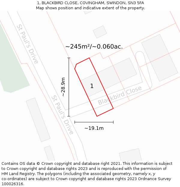 1, BLACKBIRD CLOSE, COVINGHAM, SWINDON, SN3 5FA: Plot and title map