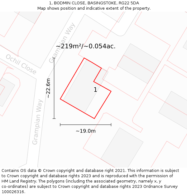 1, BODMIN CLOSE, BASINGSTOKE, RG22 5DA: Plot and title map