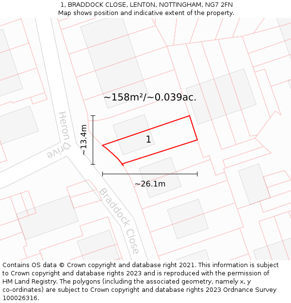 1, BRADDOCK CLOSE, LENTON, NOTTINGHAM, NG7 2FN: Plot and title map