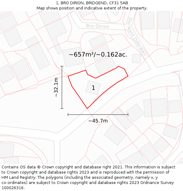 1, BRO DIRION, BRIDGEND, CF31 5AB: Plot and title map