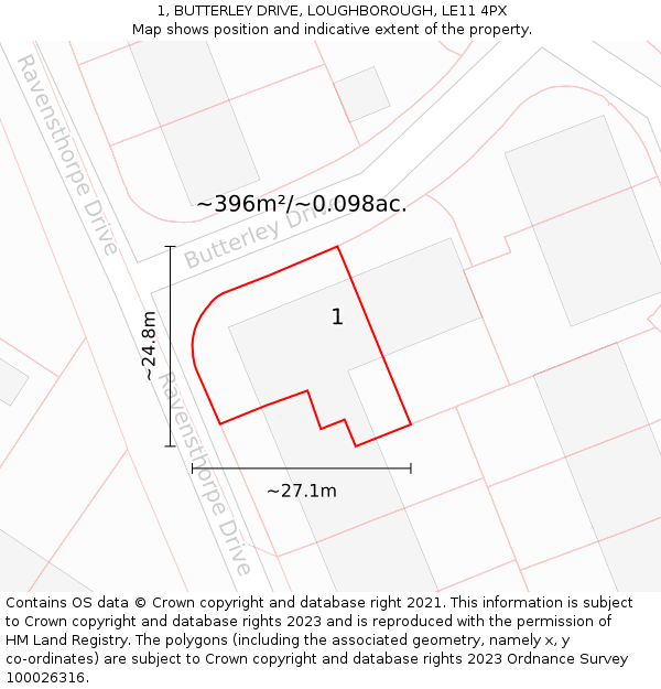 1, BUTTERLEY DRIVE, LOUGHBOROUGH, LE11 4PX: Plot and title map