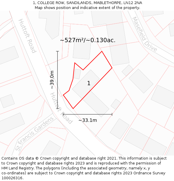 1, COLLEGE ROW, SANDILANDS, MABLETHORPE, LN12 2NA: Plot and title map
