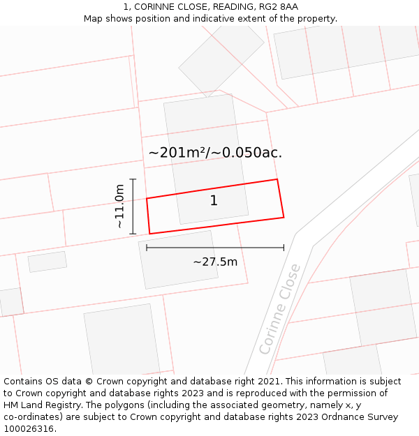 1, CORINNE CLOSE, READING, RG2 8AA: Plot and title map