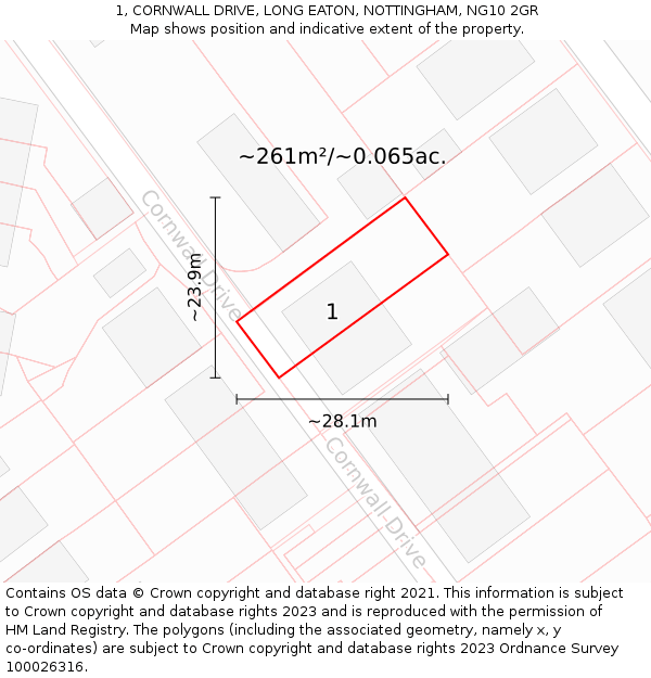 1, CORNWALL DRIVE, LONG EATON, NOTTINGHAM, NG10 2GR: Plot and title map