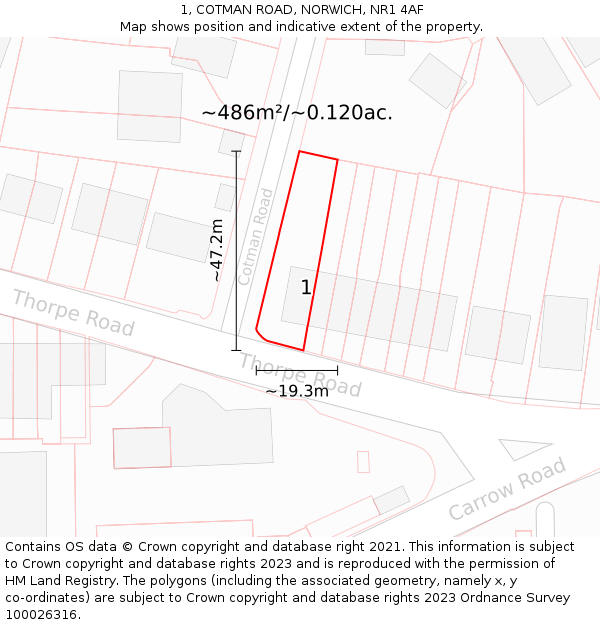 1, COTMAN ROAD, NORWICH, NR1 4AF: Plot and title map