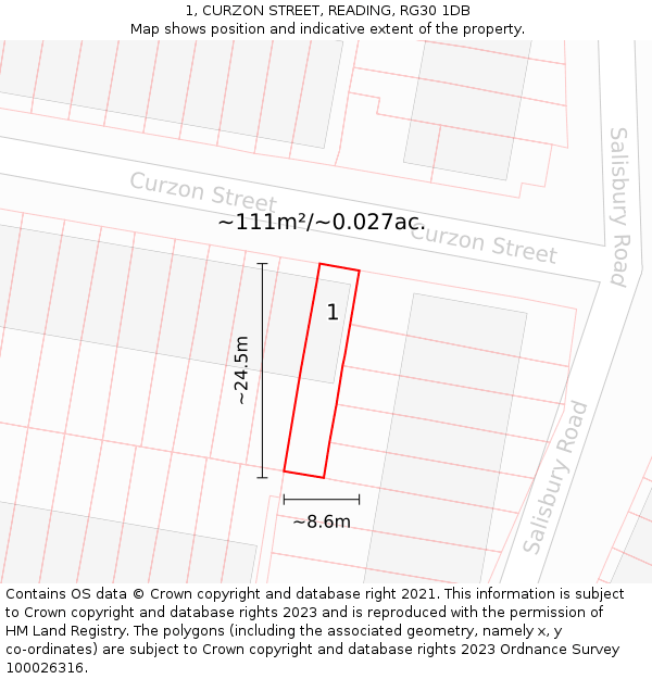 1, CURZON STREET, READING, RG30 1DB: Plot and title map