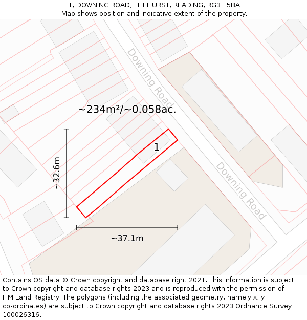1, DOWNING ROAD, TILEHURST, READING, RG31 5BA: Plot and title map