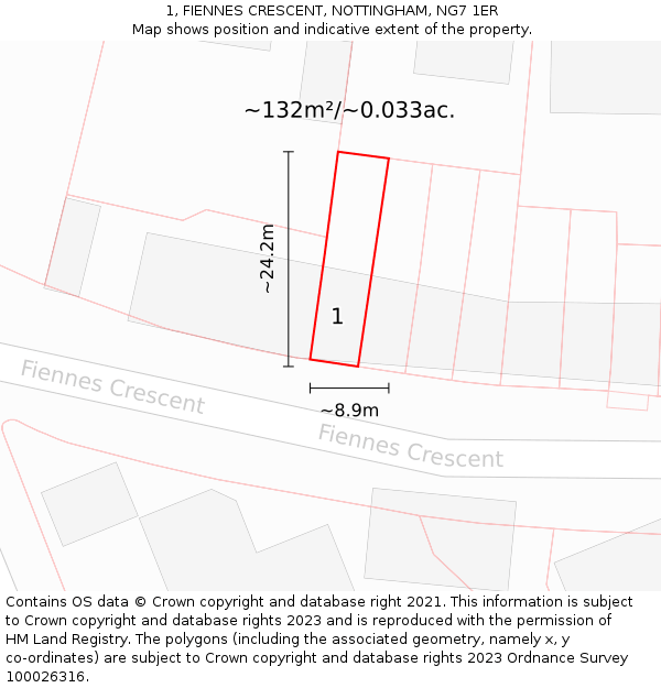 1, FIENNES CRESCENT, NOTTINGHAM, NG7 1ER: Plot and title map
