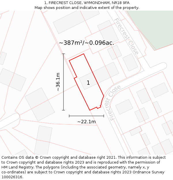 1, FIRECREST CLOSE, WYMONDHAM, NR18 9FA: Plot and title map