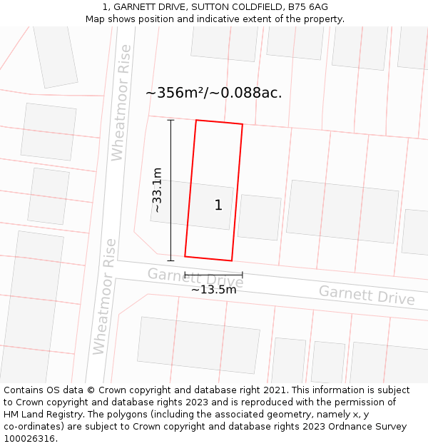 1, GARNETT DRIVE, SUTTON COLDFIELD, B75 6AG: Plot and title map