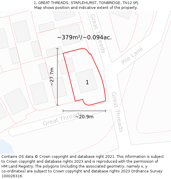 1, GREAT THREADS, STAPLEHURST, TONBRIDGE, TN12 0FJ: Plot and title map