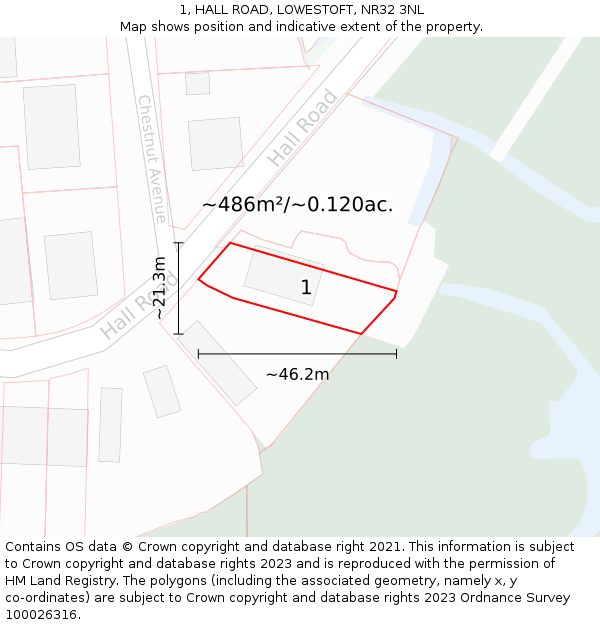 1, HALL ROAD, LOWESTOFT, NR32 3NL: Plot and title map