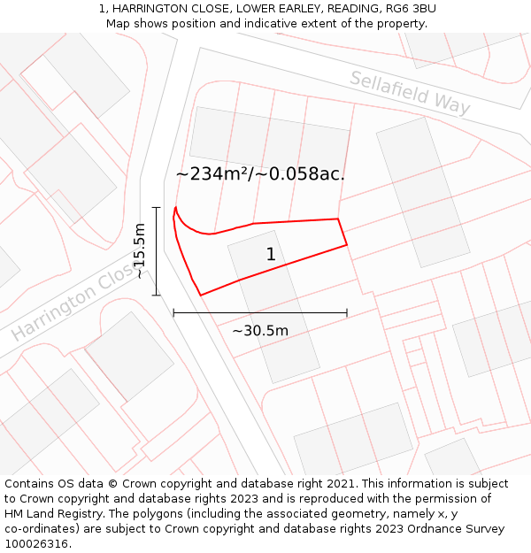 1, HARRINGTON CLOSE, LOWER EARLEY, READING, RG6 3BU: Plot and title map