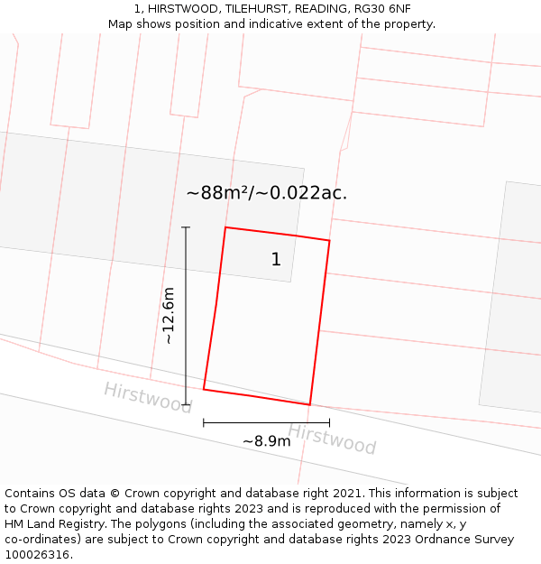 1, HIRSTWOOD, TILEHURST, READING, RG30 6NF: Plot and title map
