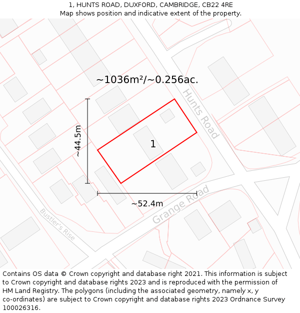 1, HUNTS ROAD, DUXFORD, CAMBRIDGE, CB22 4RE: Plot and title map