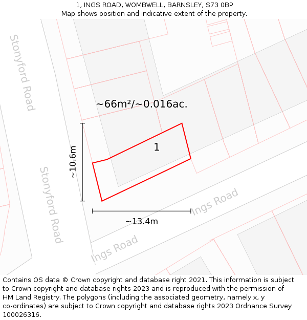 1, INGS ROAD, WOMBWELL, BARNSLEY, S73 0BP: Plot and title map