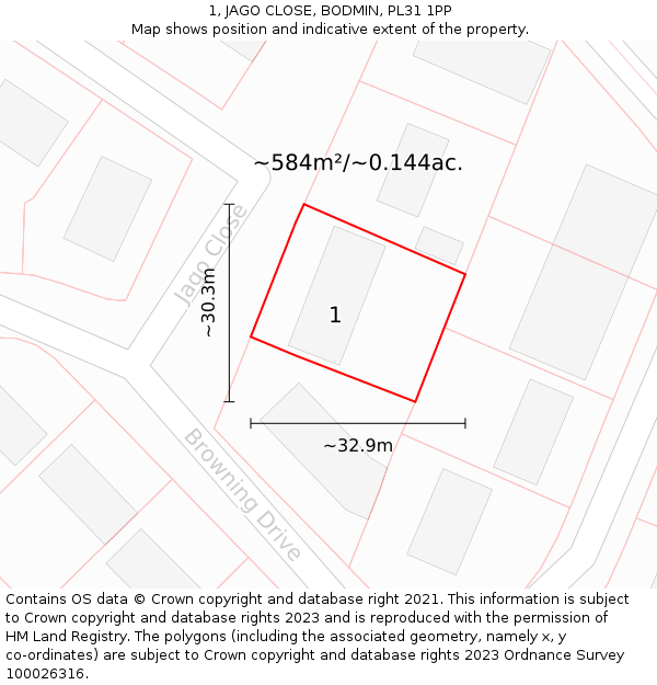 1, JAGO CLOSE, BODMIN, PL31 1PP: Plot and title map