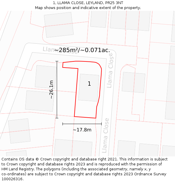 1, LLAMA CLOSE, LEYLAND, PR25 3NT: Plot and title map