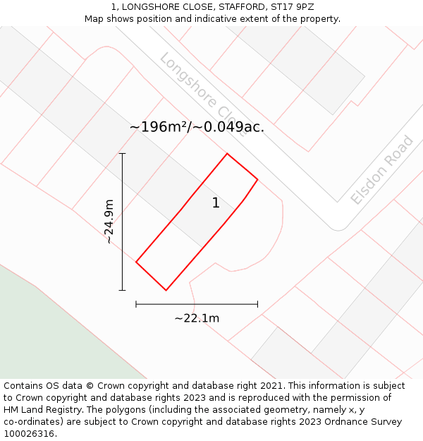 1, LONGSHORE CLOSE, STAFFORD, ST17 9PZ: Plot and title map